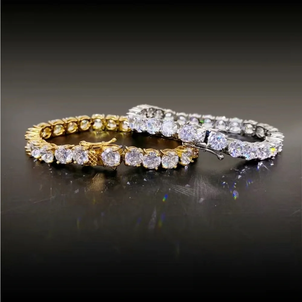 Men’s 5mm round cubic zirconia 14k gold plated setting bracelet 8”